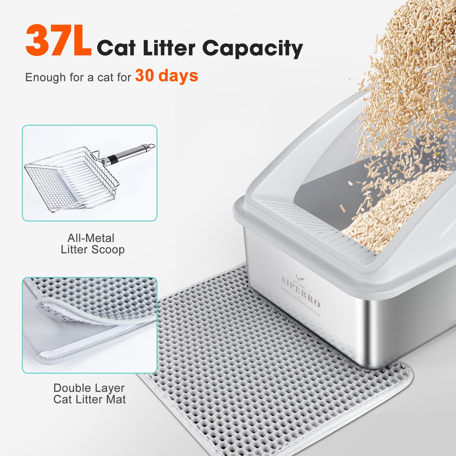 Stainless Steel Litter Box, XL Enclosed Cat Litter Boxes with Lid Mat