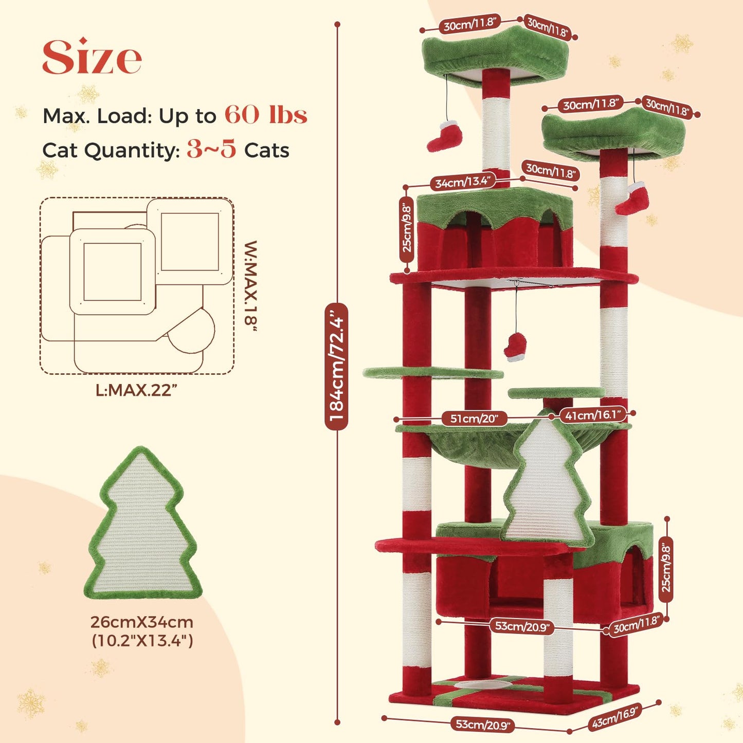 PAWZ Road Christmas Cat Tree, Tall Cat Tower with 2 Perches, 2 House