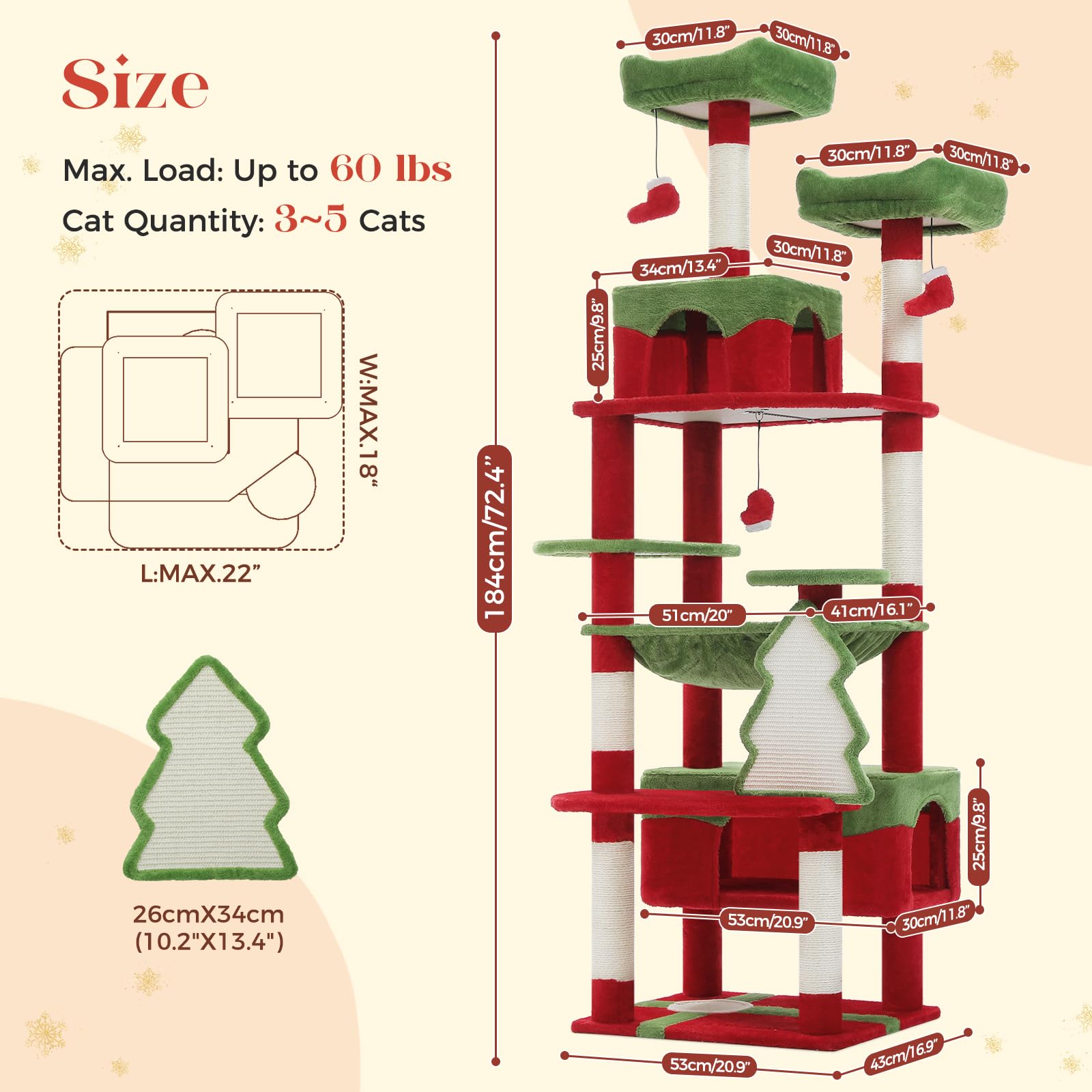 PAWZ Road Christmas Cat Tree, Tall Cat Tower with 2 Perches, 2 House