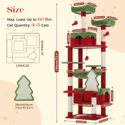 PAWZ Road Christmas Cat Tree, Tall Cat Tower with 2 Perches, 2 House