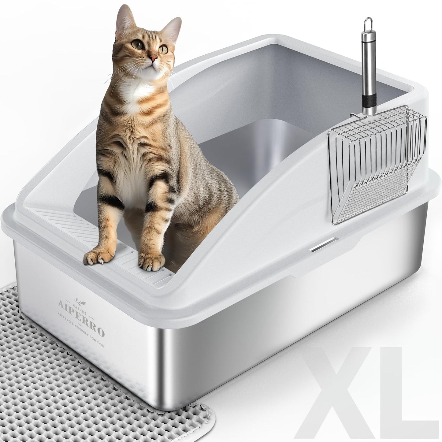 Stainless Steel Litter Box, XL Enclosed Cat Litter Boxes with Lid Mat