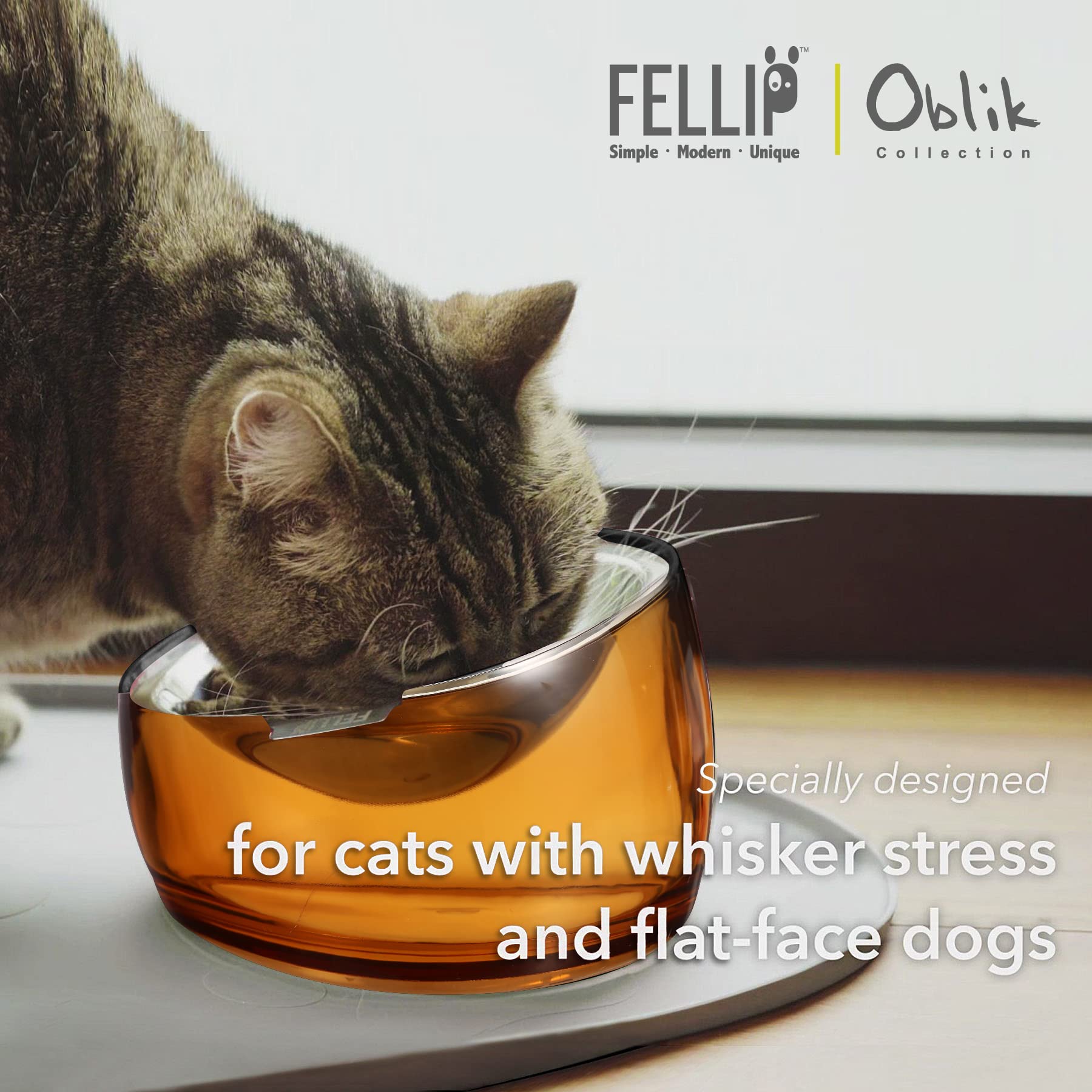 Felli Pet Oblik Whisker Fatigue Cat Food Bowl Raised Stainless Bowl