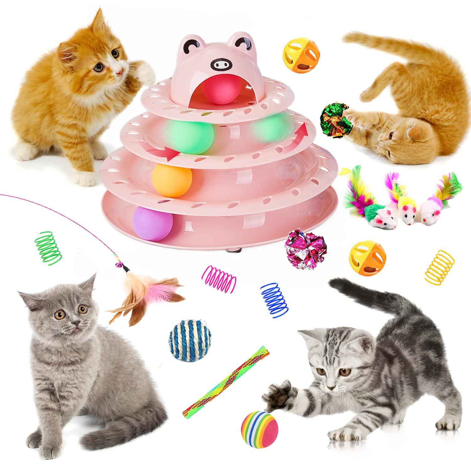 Pawsayes 17 Pack Cat Toys, 4-Level Turntable Ball Track Set