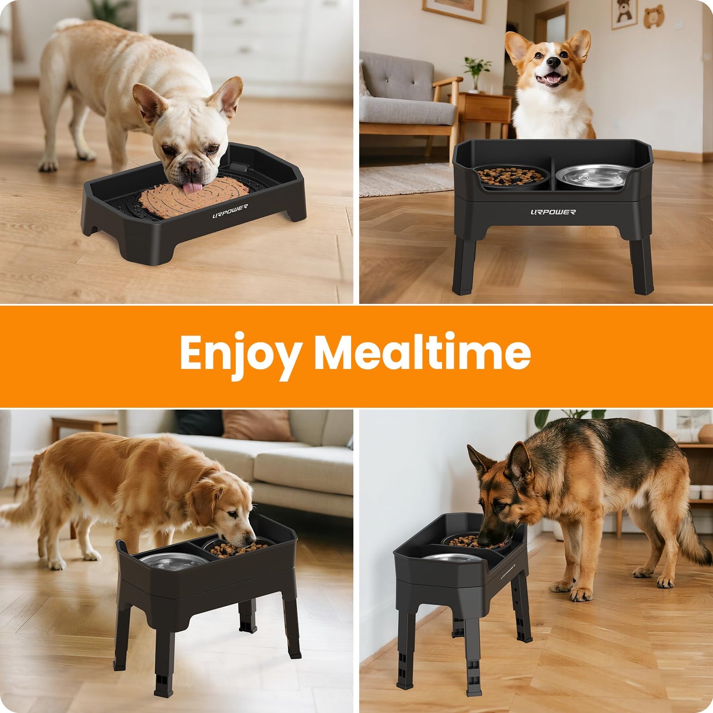 URPOWER 3-in-1 Elevated Dog Bowls Mess Proof Double Deck 4 Height Bowl