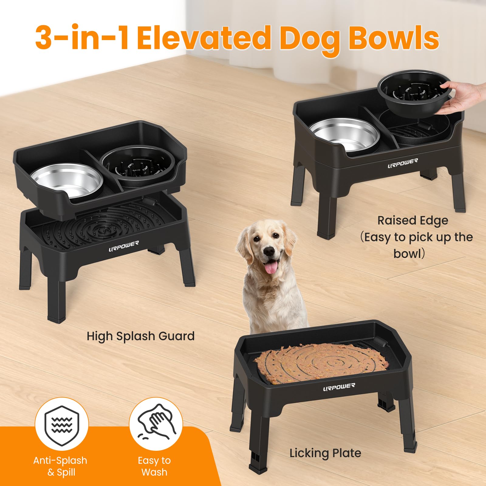 URPOWER 3-in-1 Elevated Dog Bowls Mess Proof Double Deck 4 Height Bowl