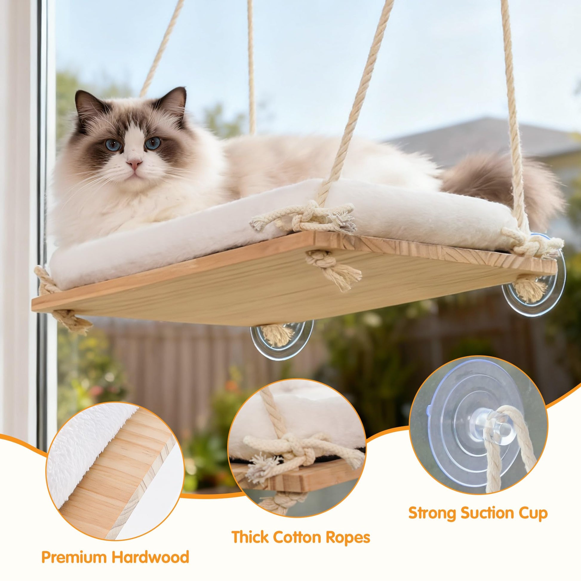 Anywish Cat Window Perch, Rustic Cat Hammock Bed with Solid Wood Bed