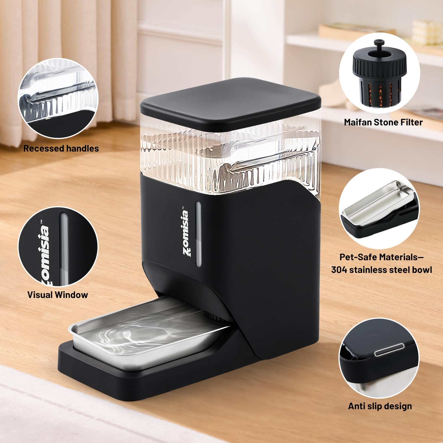 ZOMISIA Gravity Cat Water Dispenser with Stainless Steel Bowl
