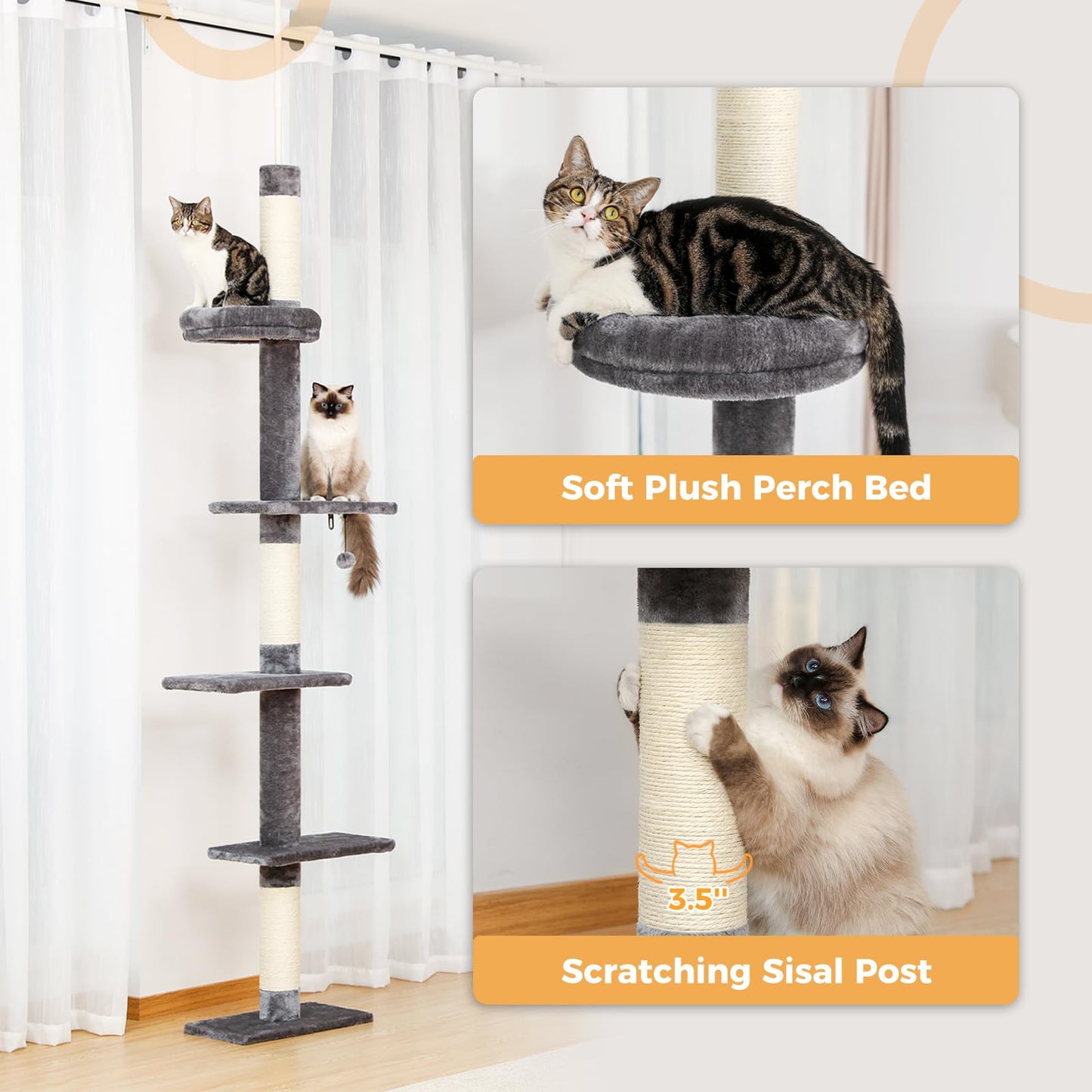 PETEPELA Cat Tower 5-Tier Floor to Ceiling Cat Tree Height(95