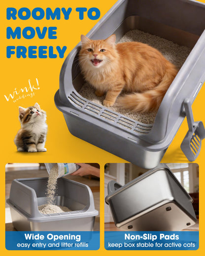 Powools Stainless Steel Cat Litter Box, Metal Litter Box with Box