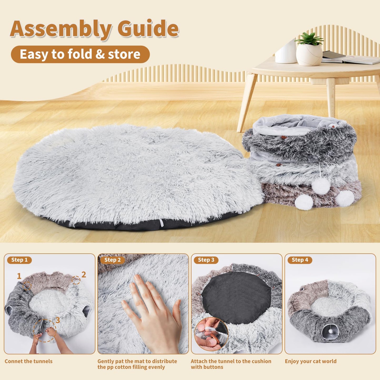 Odoland Large Cats Tunnels for Indoor Cats Fluffy Warm Cat Bed