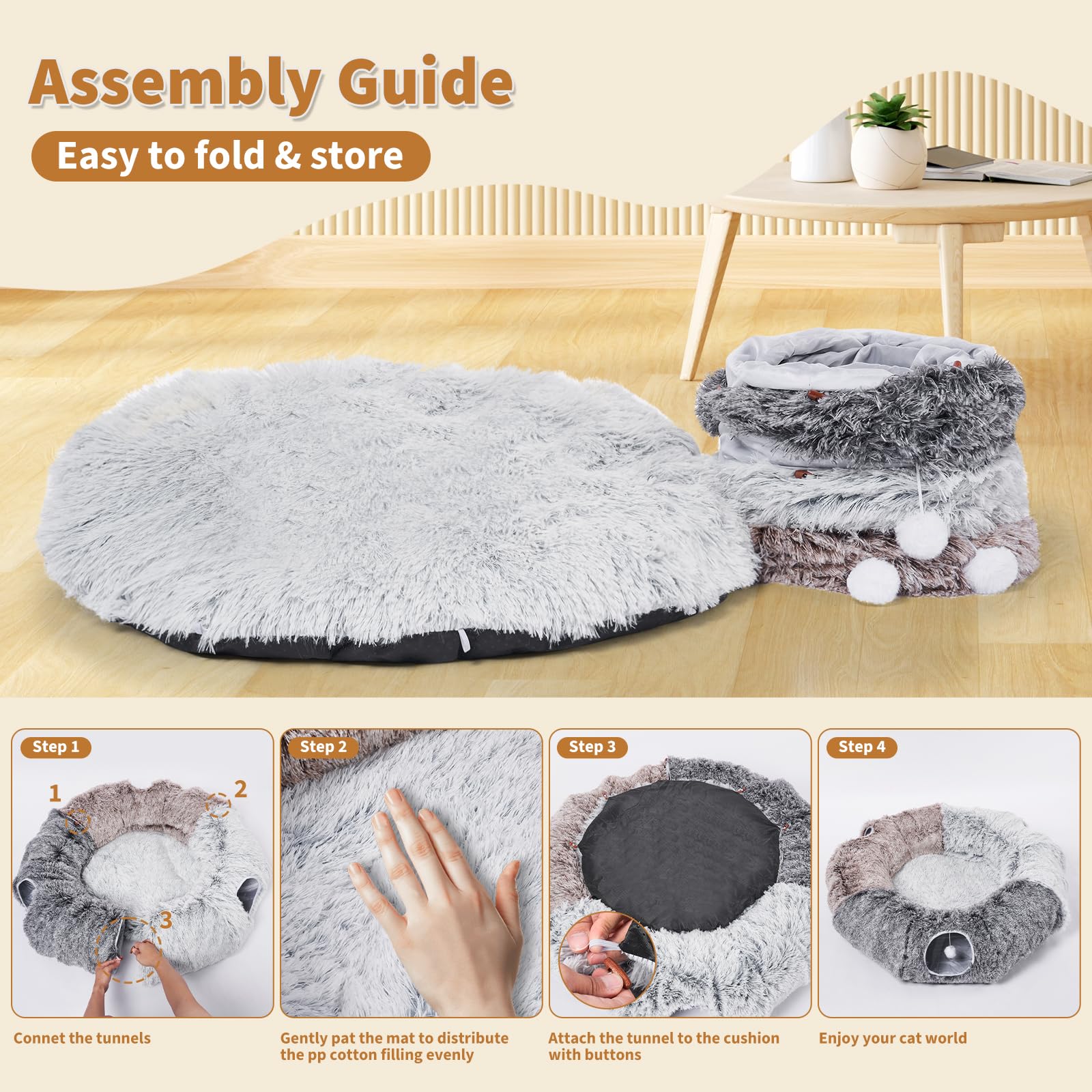 Odoland Large Cats Tunnels for Indoor Cats Fluffy Warm Cat Bed