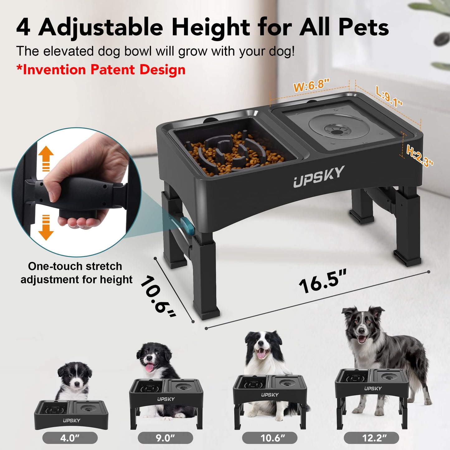 UPSKY 2-in-1 Elevated Dog Bowls Slow Feeder, 4 Height Adjustable Bowl