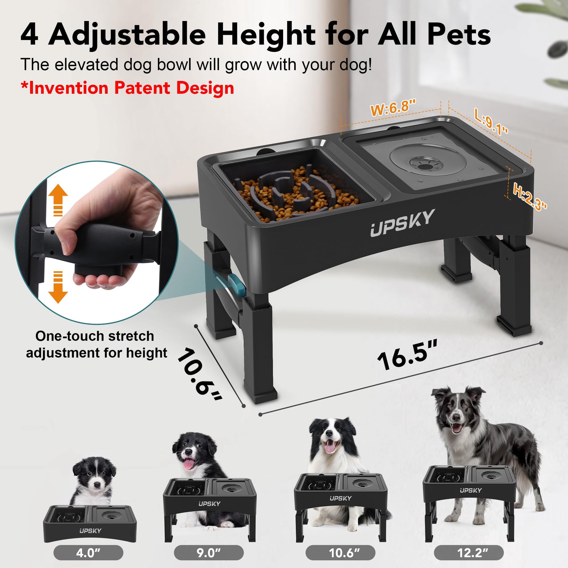 UPSKY 2-in-1 Elevated Dog Bowls Slow Feeder, 4 Height Adjustable Bowl