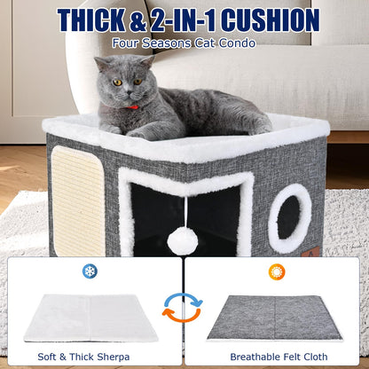 Cat Beds for Indoor Cats, Large Cat Cave Bed with Scratch Pad Bed