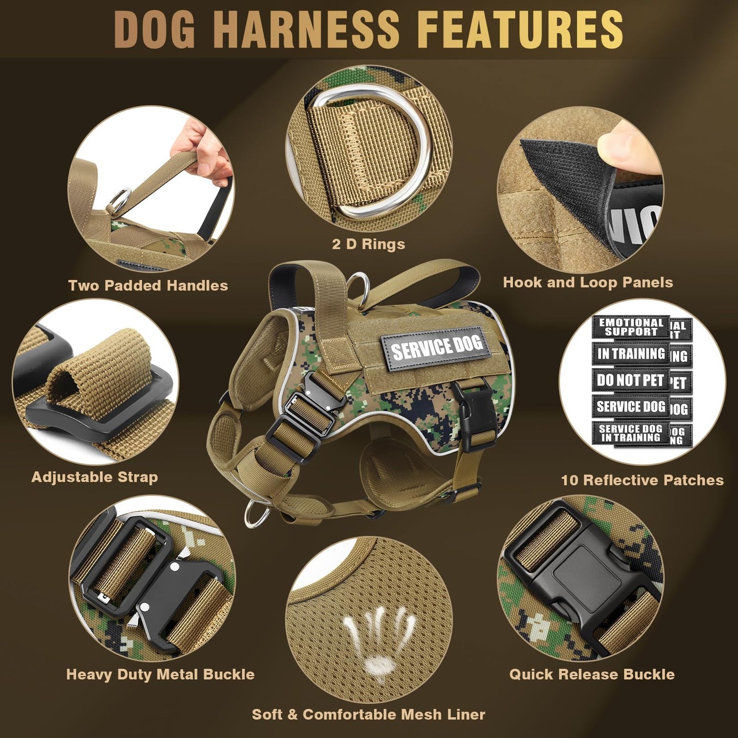 WINSEE Tactical Dog Harness for Medium Dog, Heavy Duty Service Harness