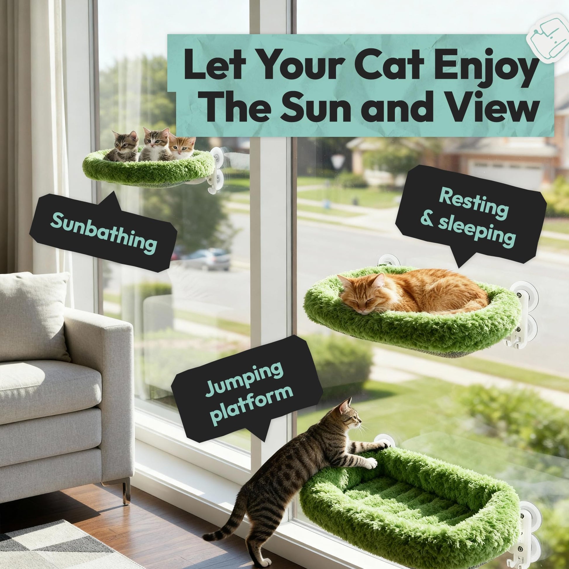 Cordless Cat Window Perch, Foldable Cat Window Hammock, 4 Cushion