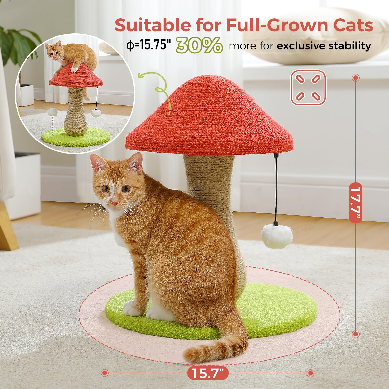 PETEPELA Mushroom Cat Scratching Post, Cat Scratcher Cute with Toy