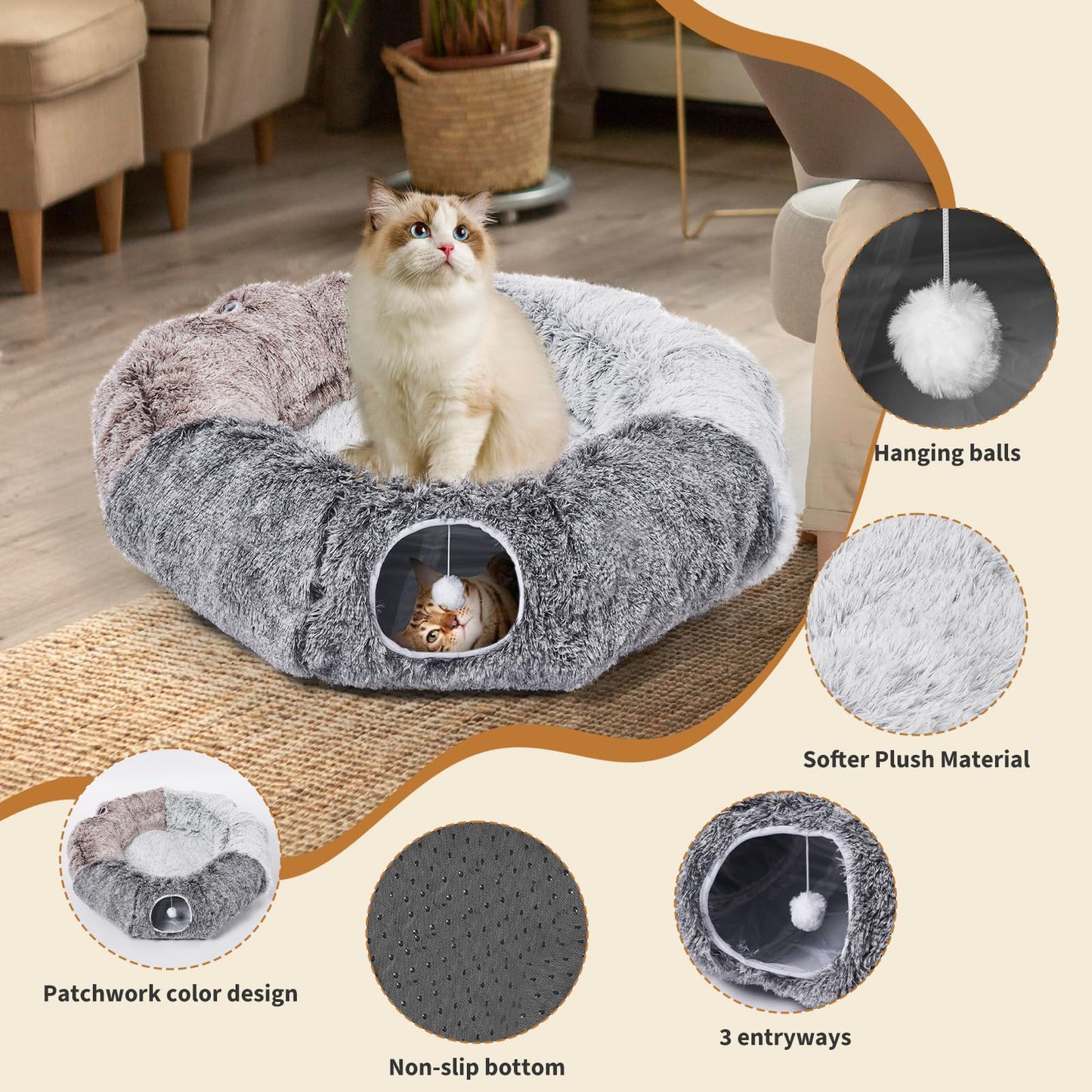 Odoland Large Cats Tunnels for Indoor Cats Fluffy Warm Cat Bed