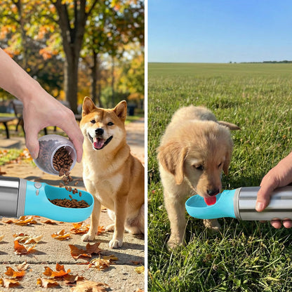 Portable Dog Water Bottle with Food Container, Stainless Dispenser