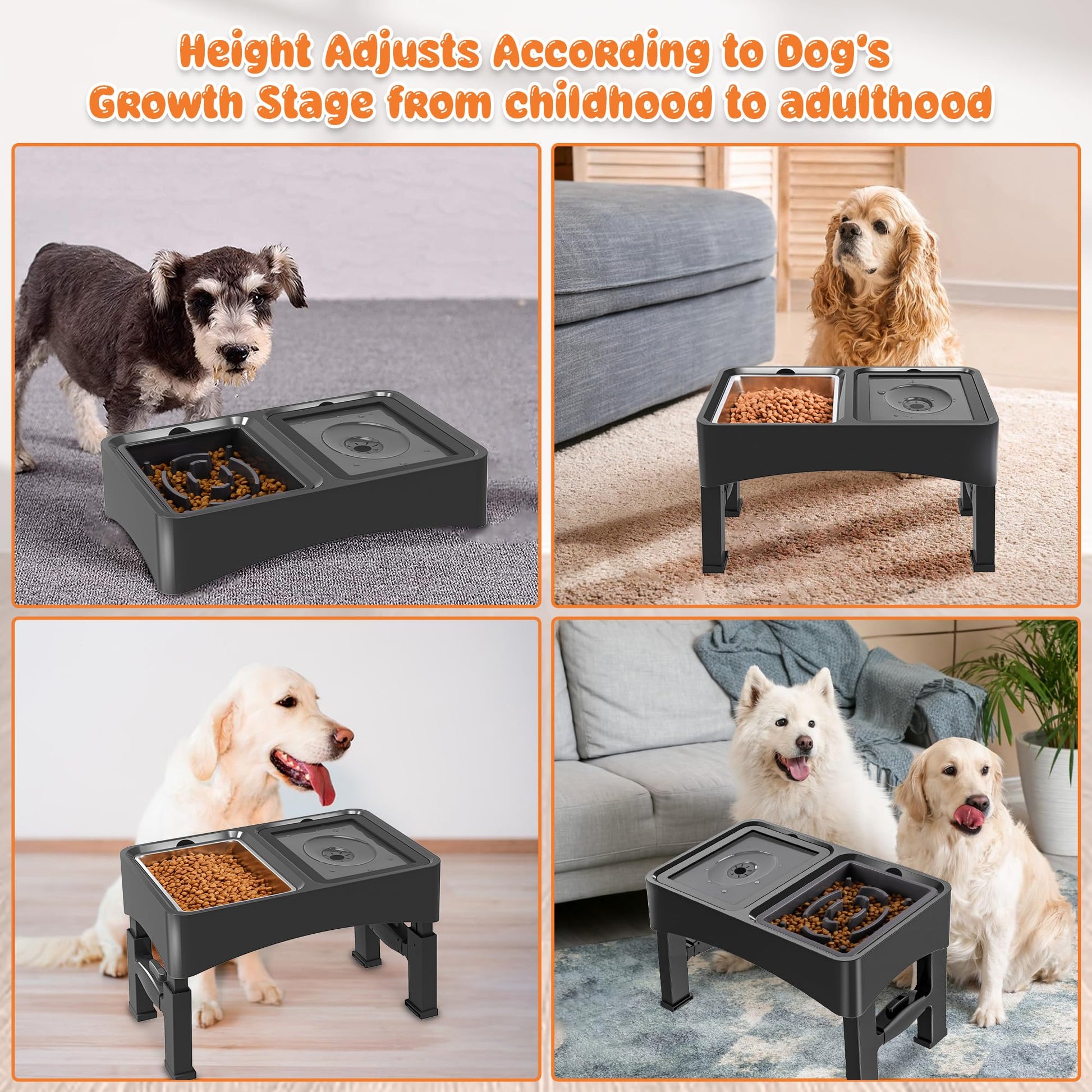 Decflow 3-in-1 Elevated Dog Bowls, 4 Height Adjustable Raised Bowl