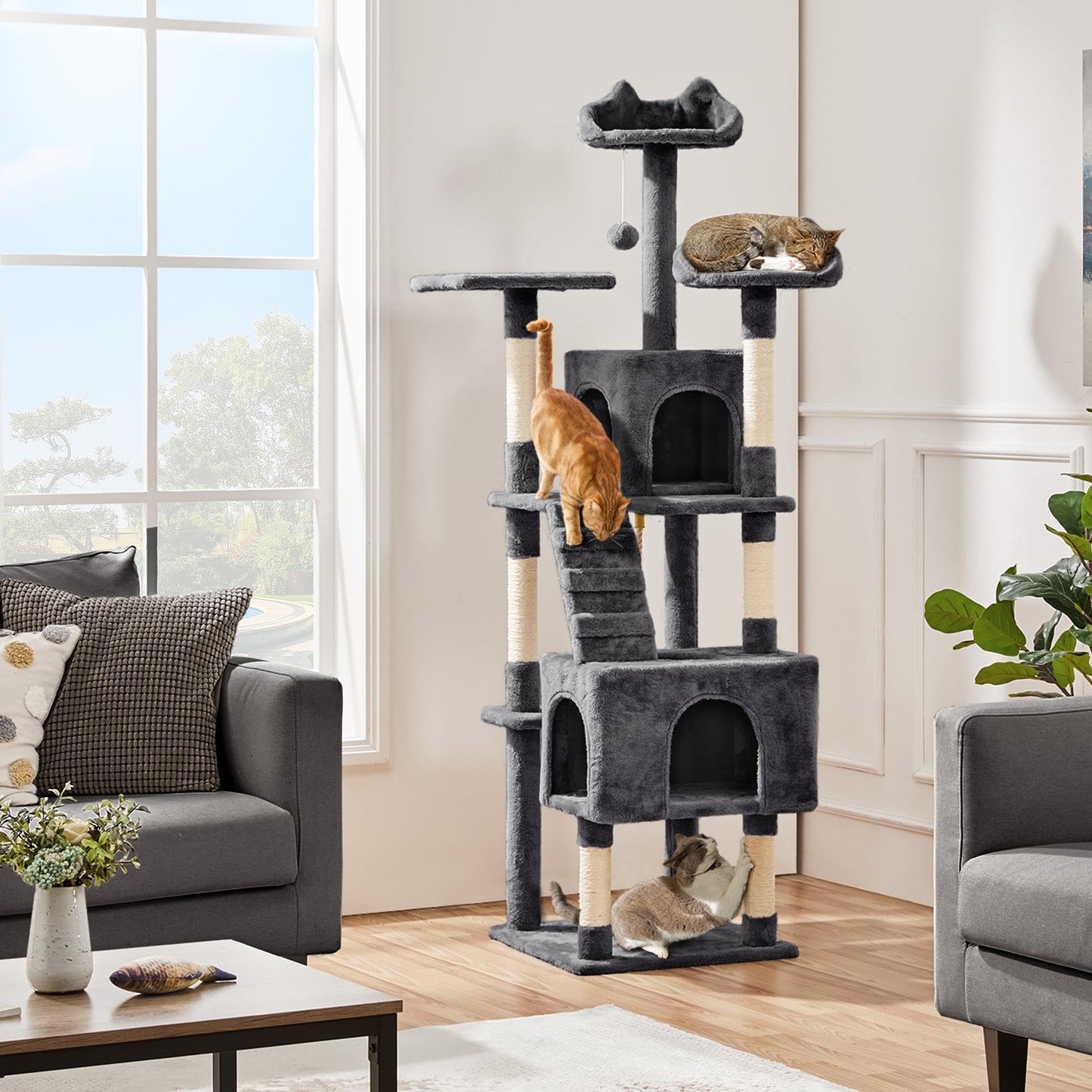 Yaheetech 72-inch Cat Tree, Multi-Level Cat Tower with 2 Condos 6 Ball