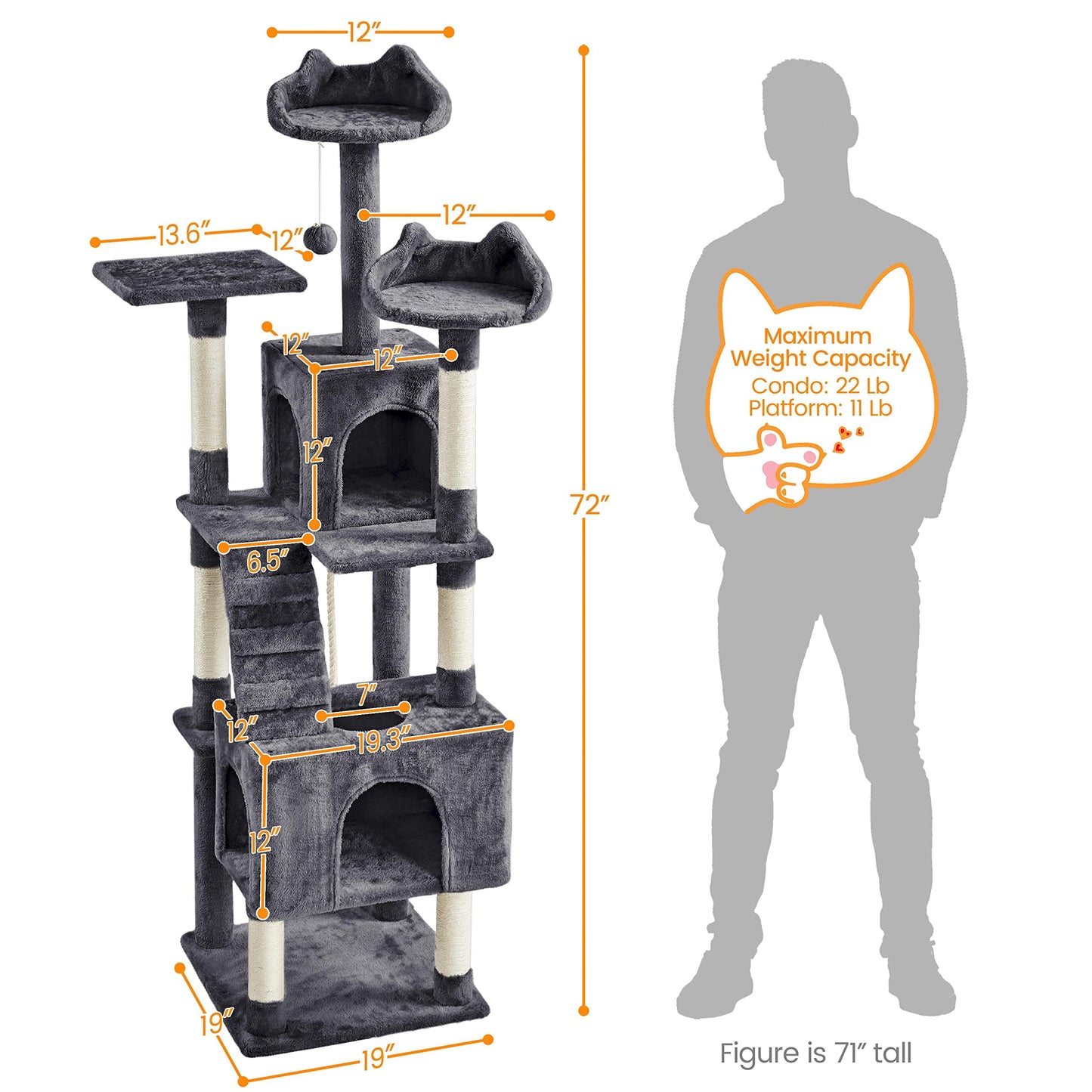 Yaheetech 72-inch Cat Tree, Multi-Level Cat Tower with 2 Condos 6 Ball
