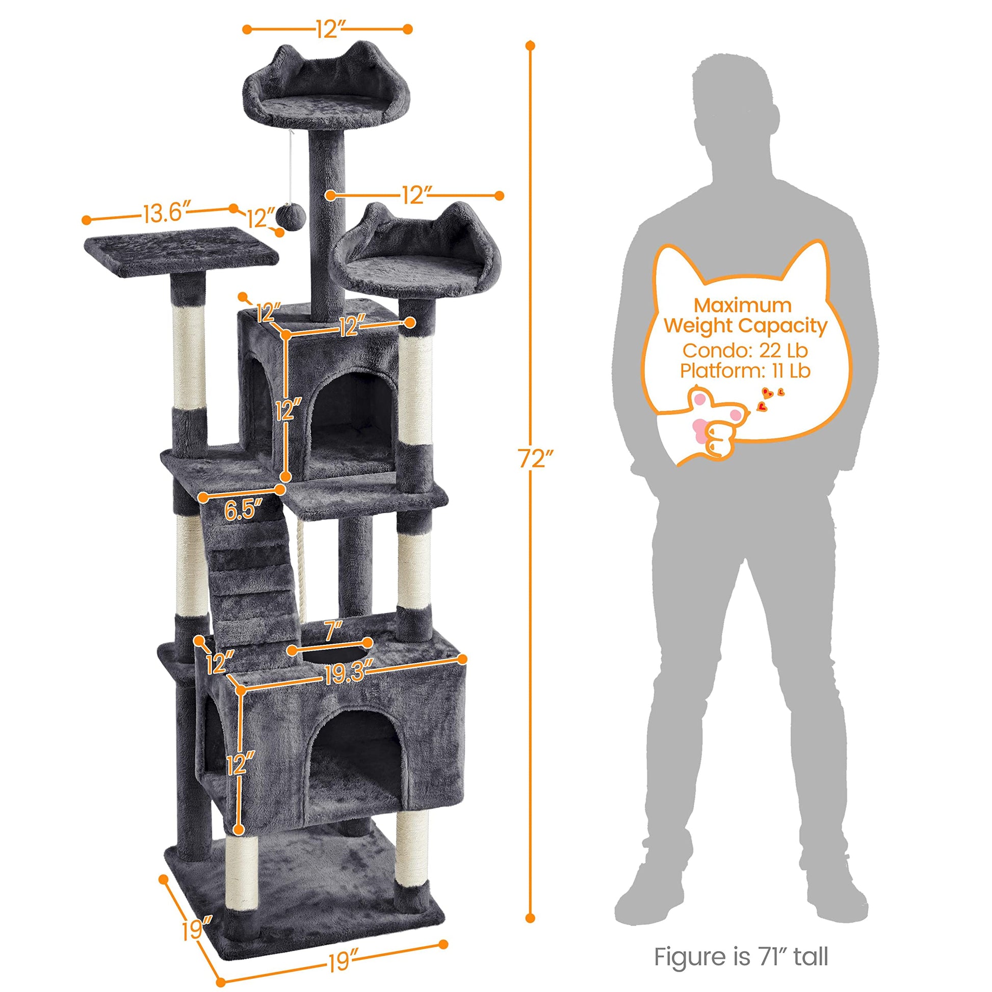 Yaheetech 72-inch Cat Tree, Multi-Level Cat Tower with 2 Condos 6 Ball