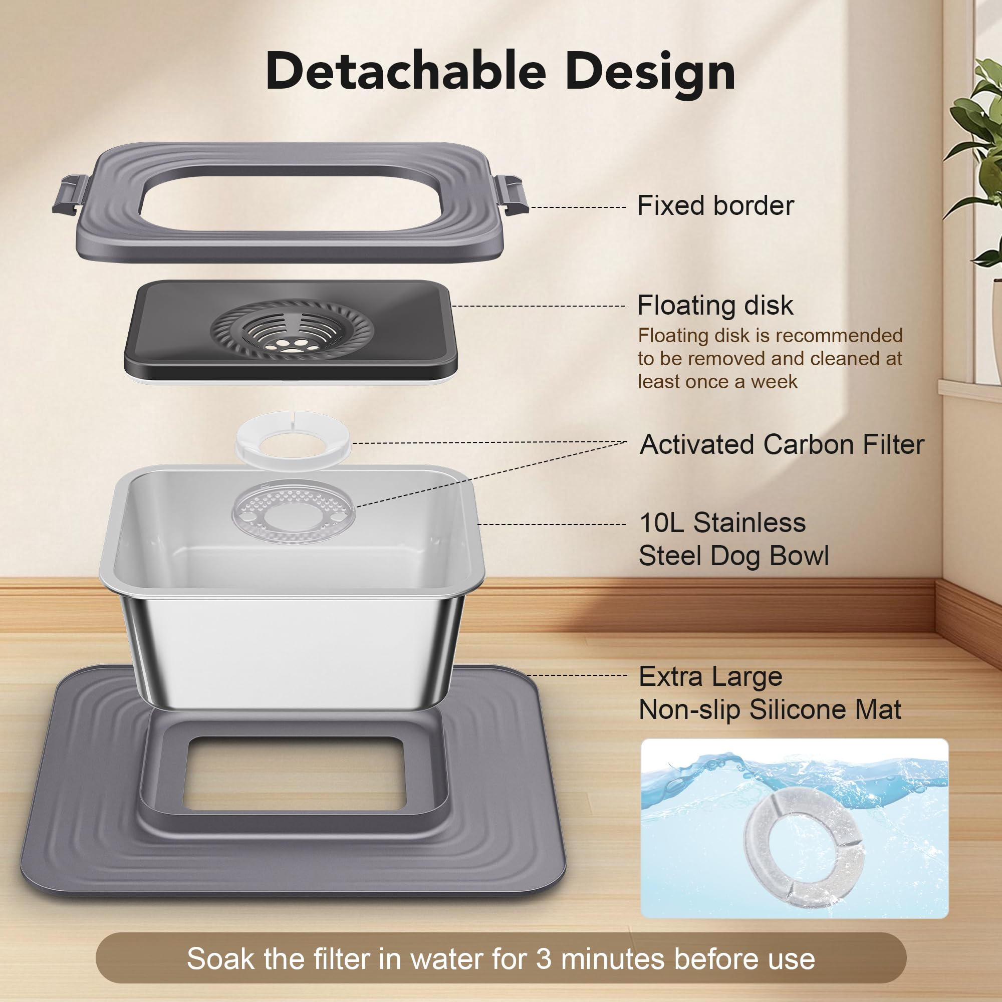 Decflow Stainless Steel Dog Water Bowl, No Spill Anti-Splash Dog Mat