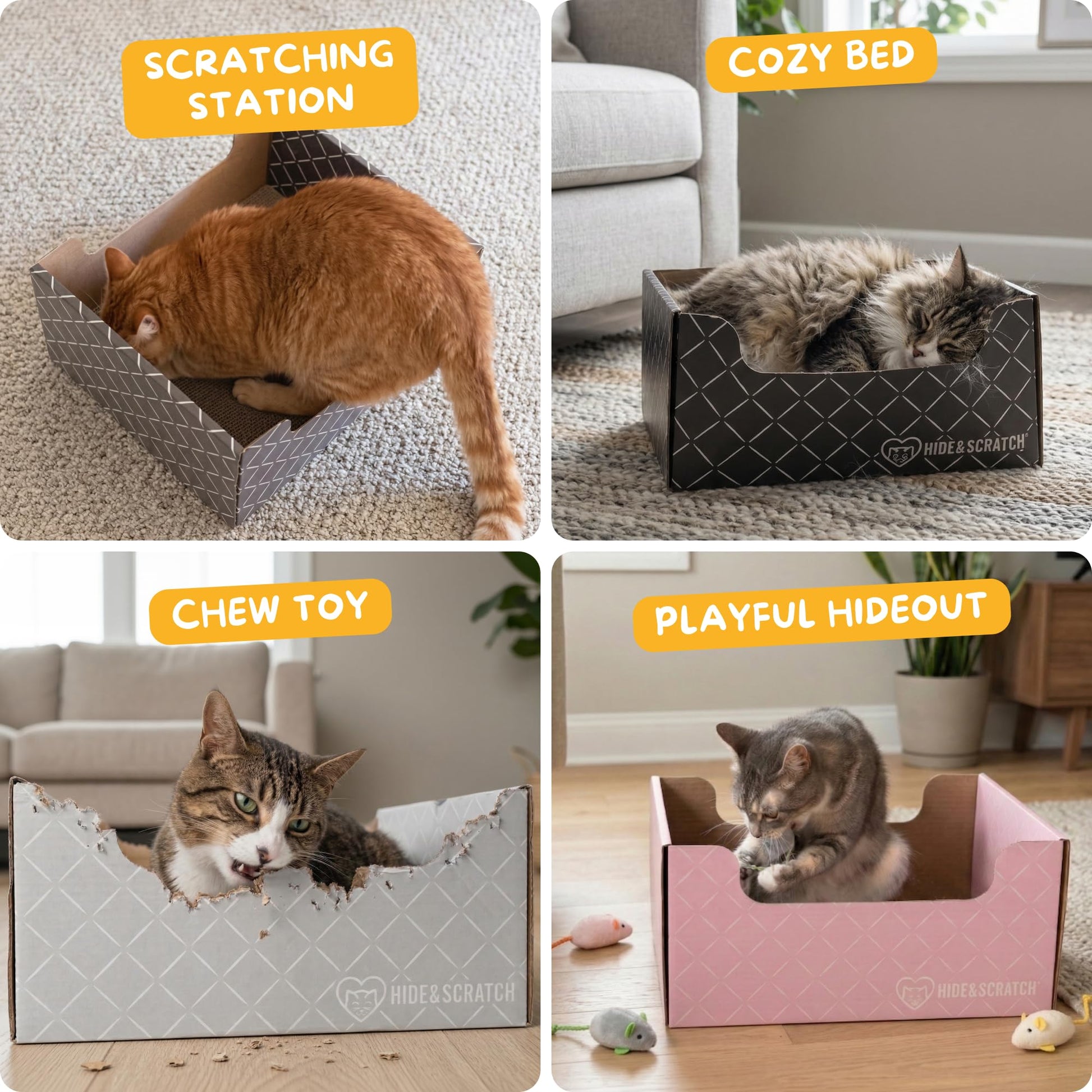 Hide Scratch Cardboard Cat Scratcher Box Bed Diamond, Double-Sided Pad