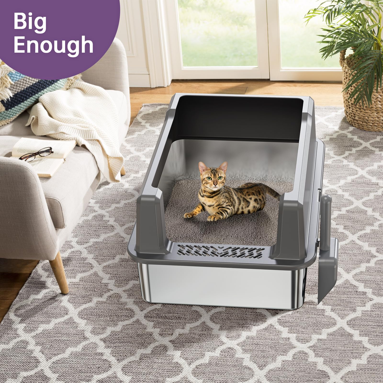 XXXL Stainless Steel Cat Litter Box with High Sides, 28" L x 20" W Box