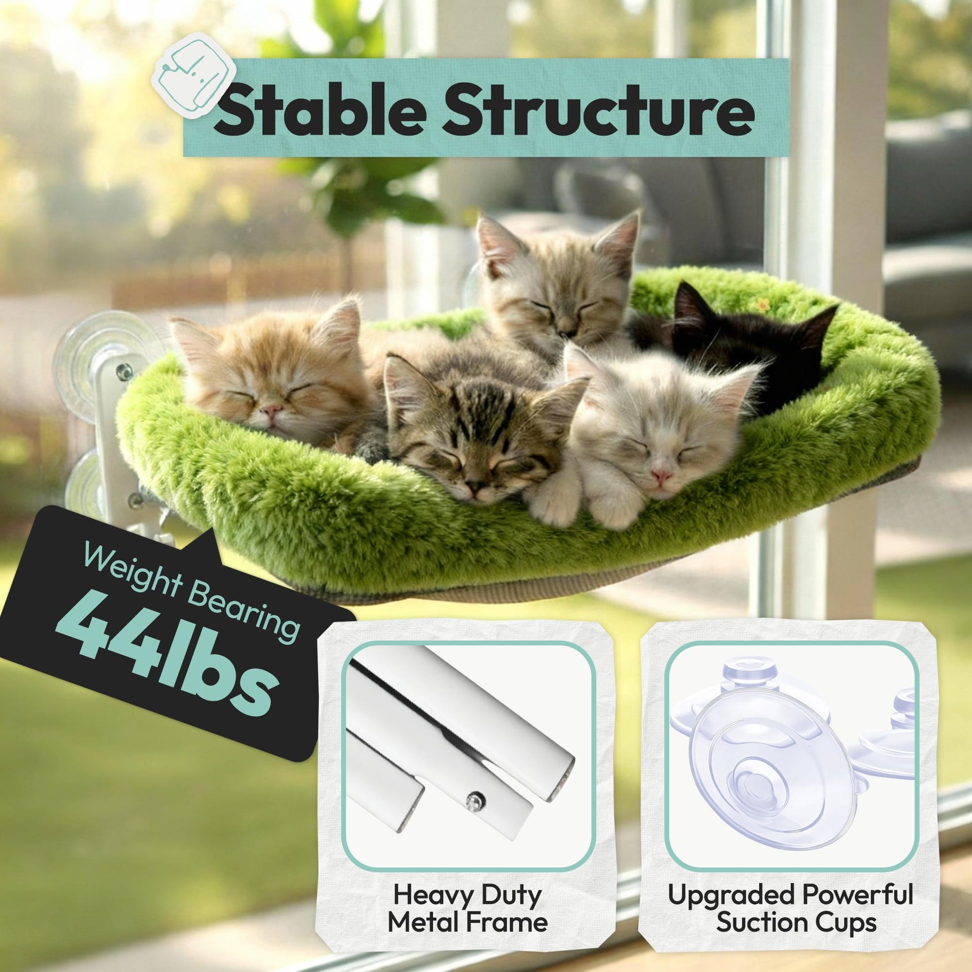 Cordless Cat Window Perch, Foldable Cat Window Hammock, 4 Cushion