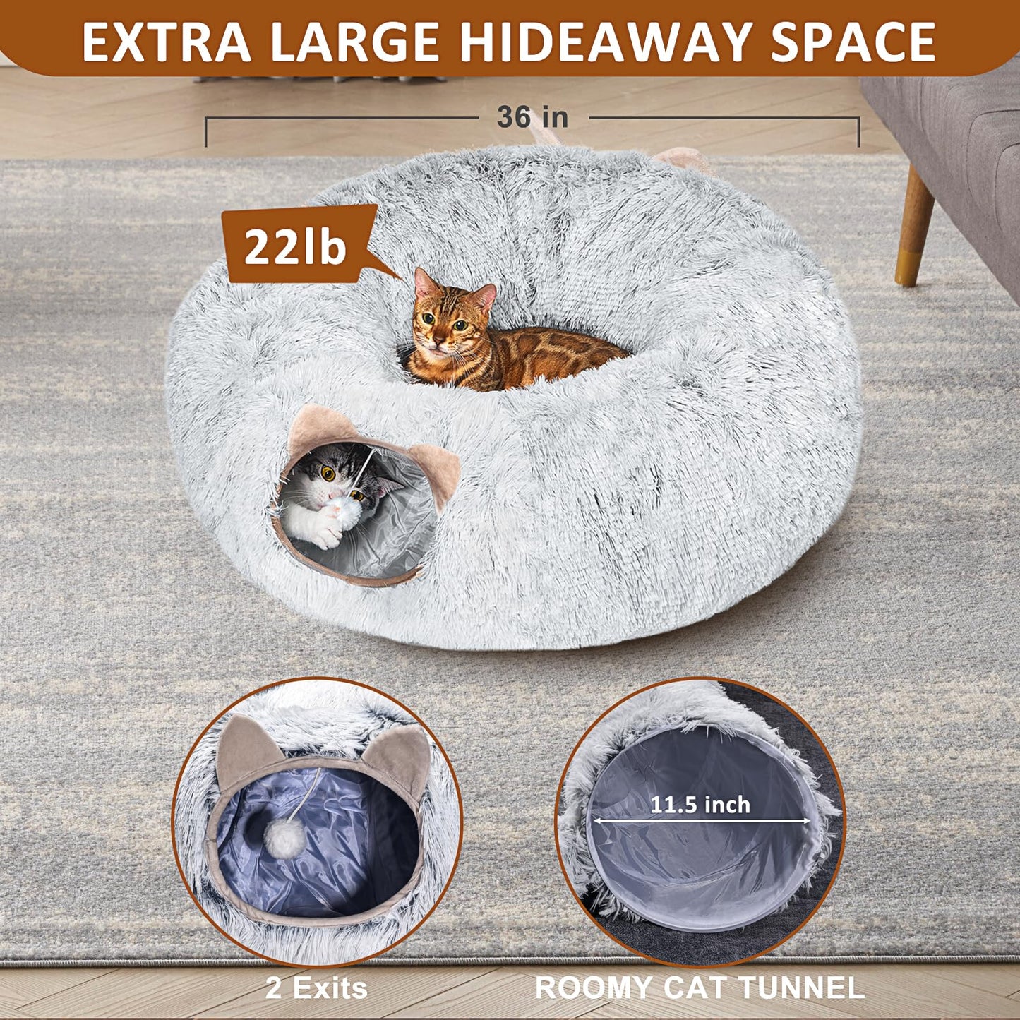 Cat Tunnel with Cat Bed for Indoor Cats, Under Christmas Tree Bed