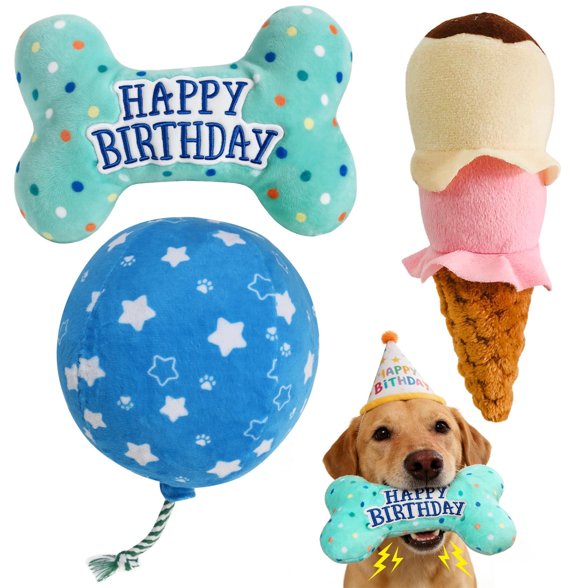 Prime Pets Dog Birthday Toys, 3 Pack, Crinkle Squeaky Dog Toys