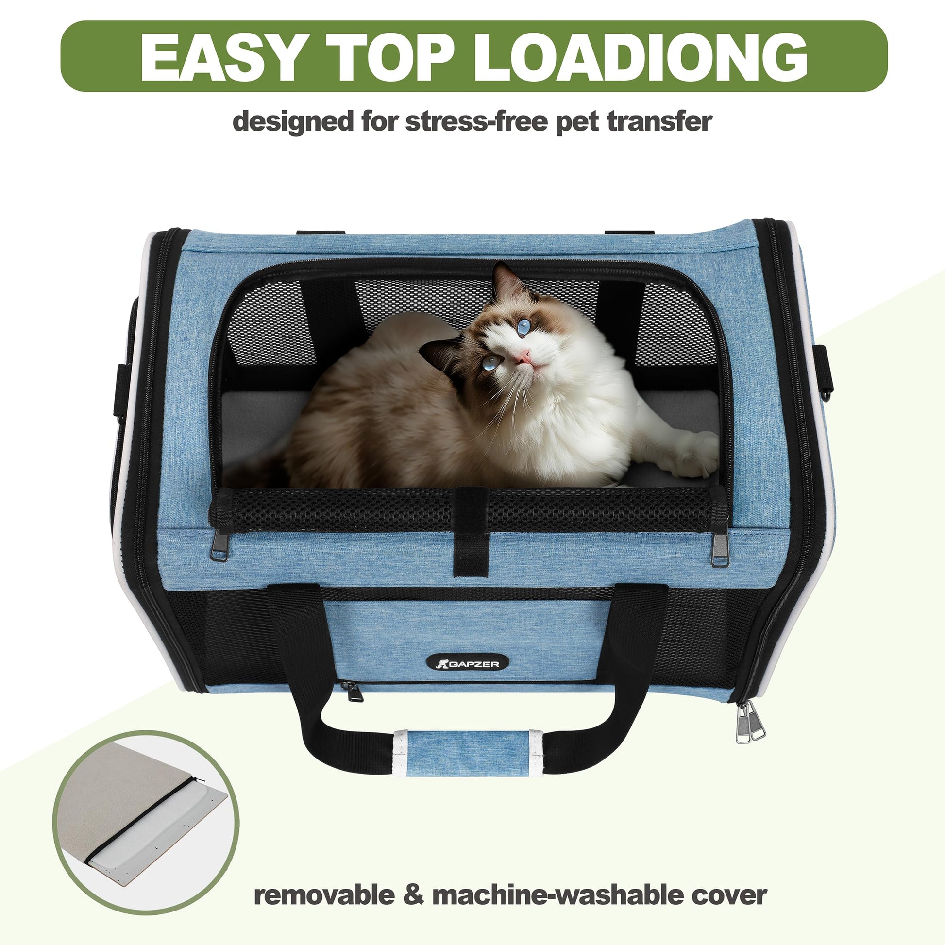GAPZER Cat Carrier 18 x 11 x 11 Top Loading Soft-Sided Pet Travel Bag
