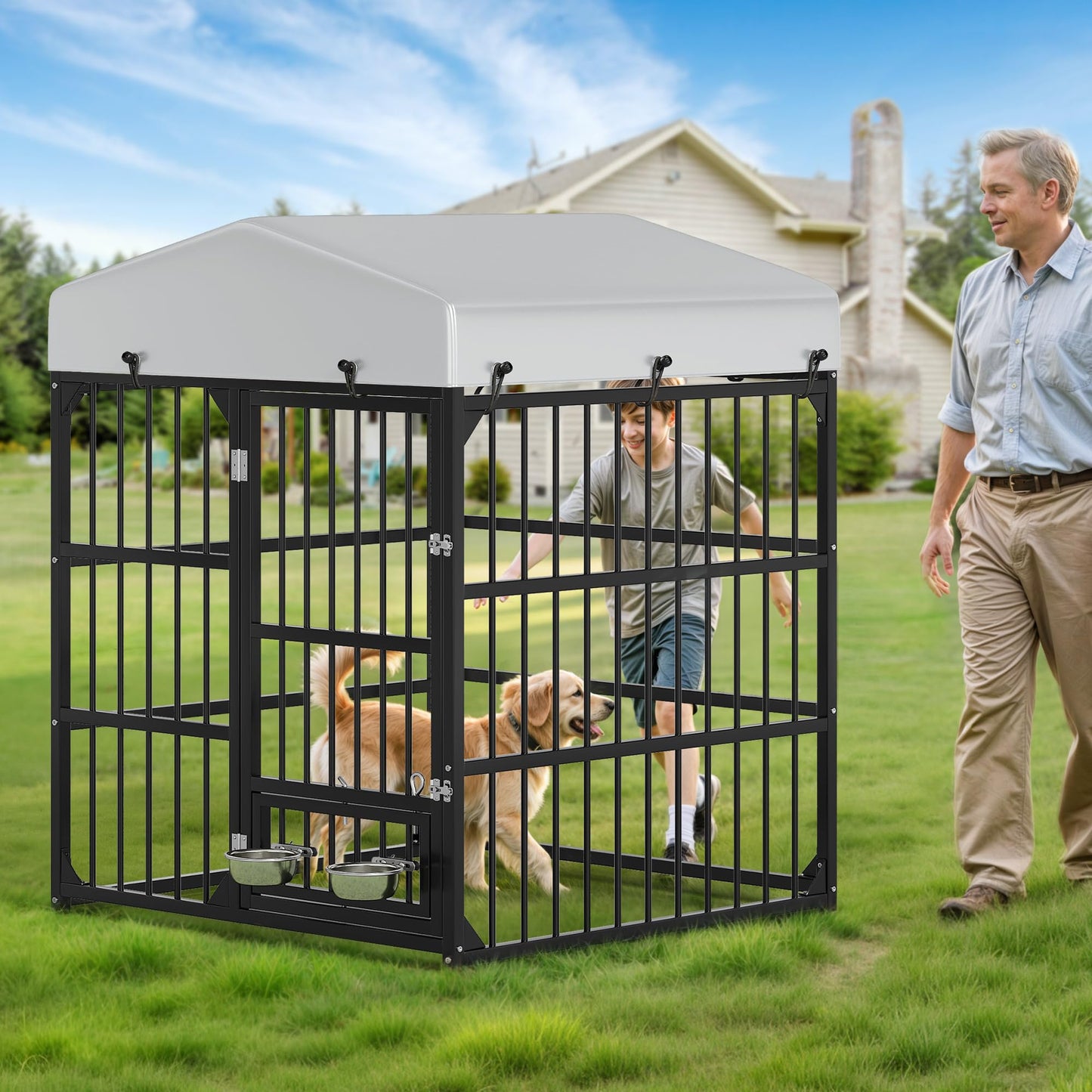 YITAHOME Outdoor Dog Enclosure with Rotating Feeder Bowls, 4'L Feeder
