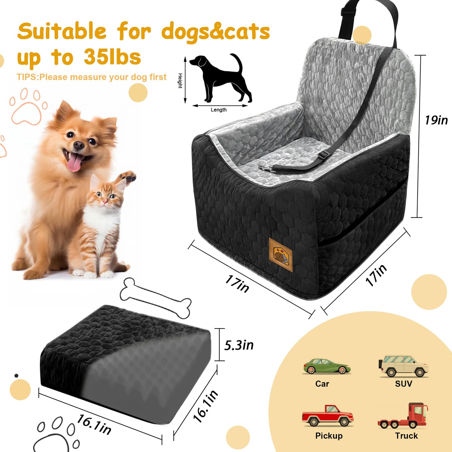 Dog Car Seat for Small/Medium Dogs, Memory Foam Dog Booster Seat
