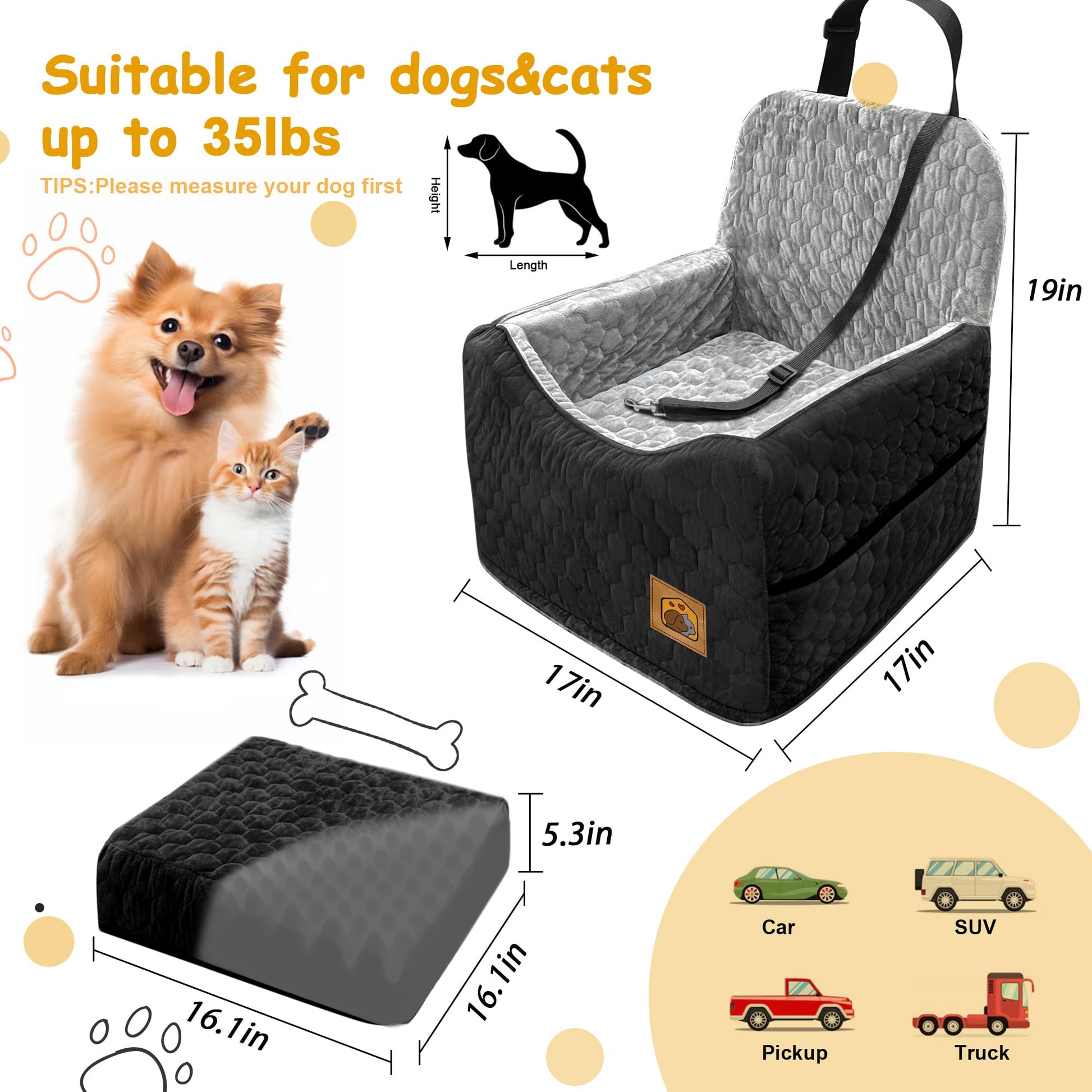Dog Car Seat for Small/Medium Dogs, Memory Foam Dog Booster Seat