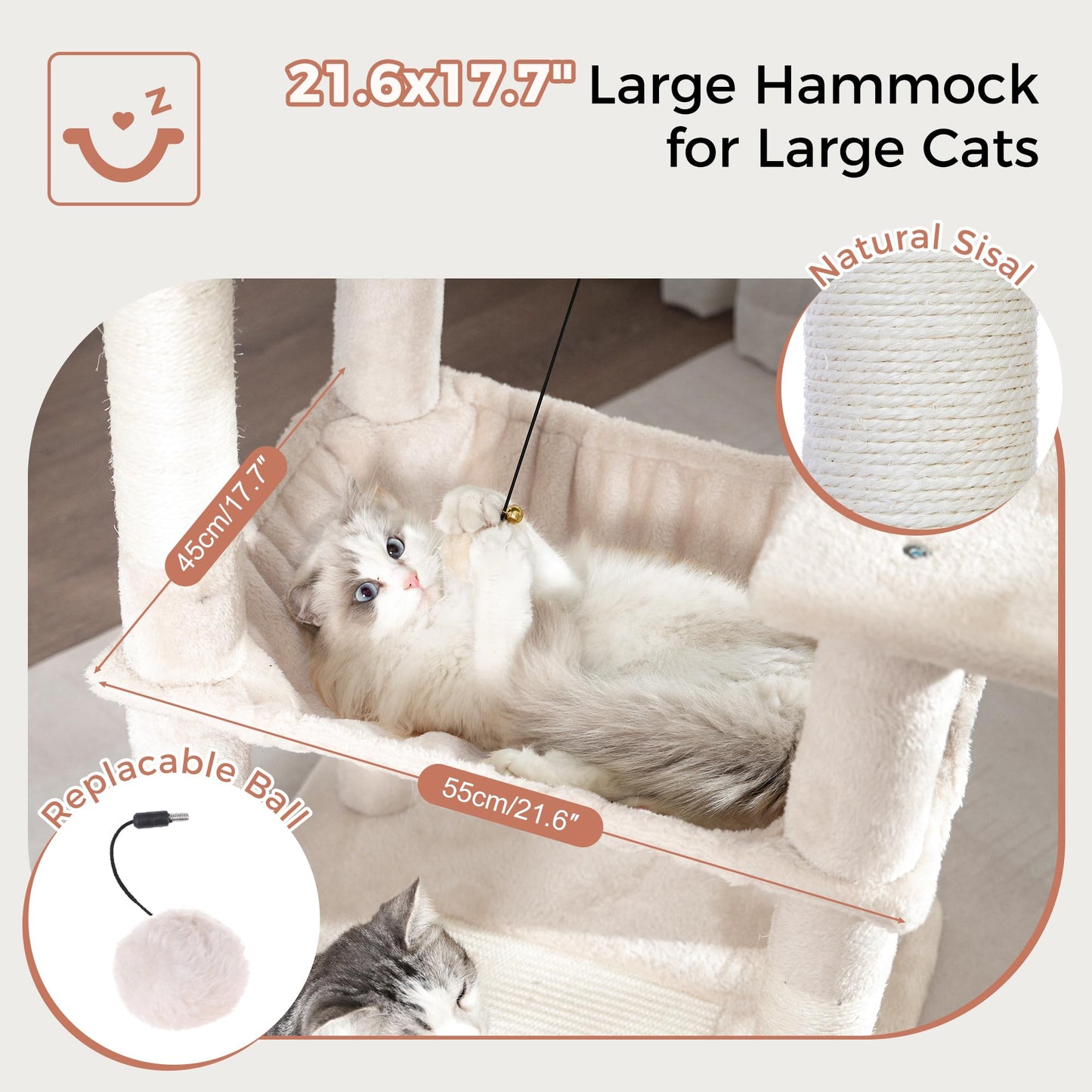 Pawfessor 54” Cat Tree with Big Hammock 21x17” XL Cat Tower