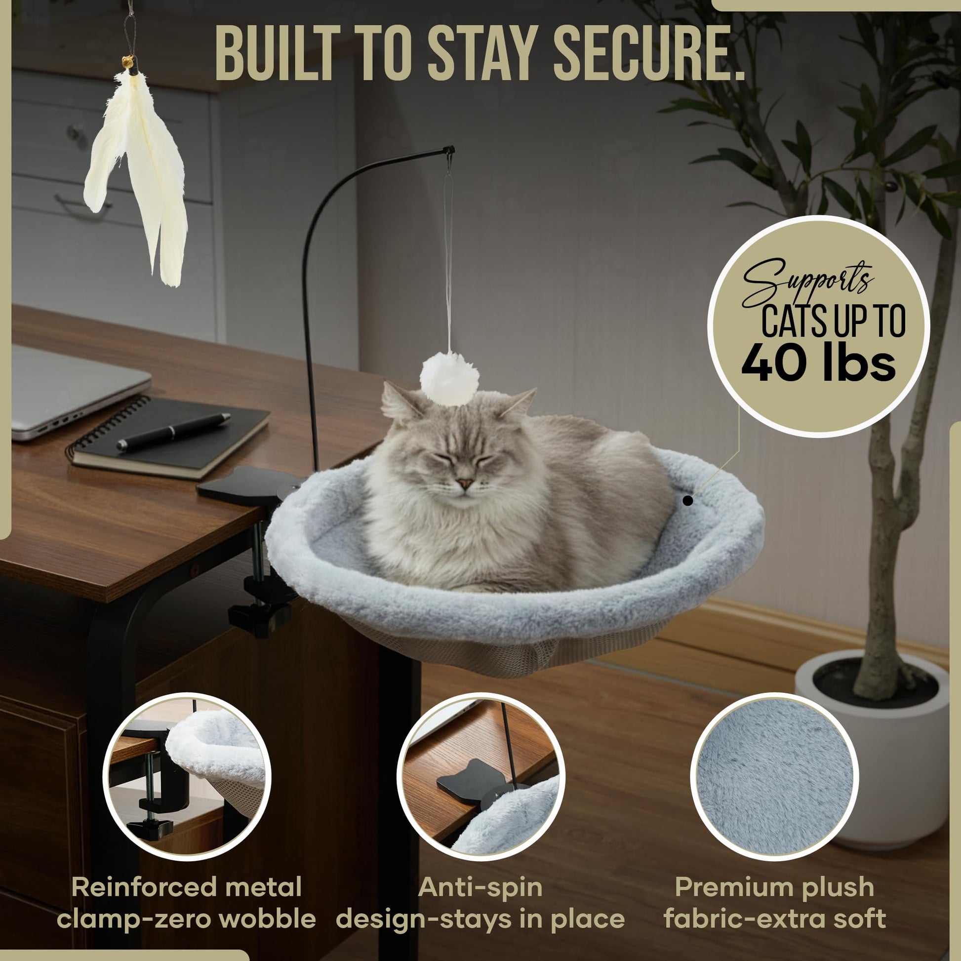 HAVENLOOM Cat Desk Bed for Home Office Plush Clamp-On Cat Hammock Ball