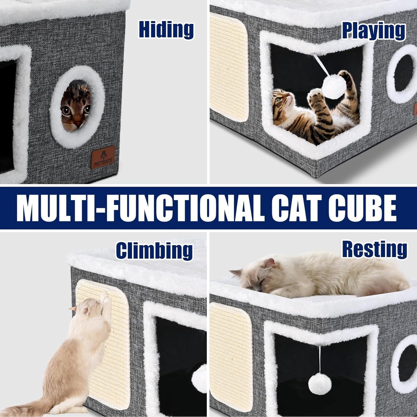 Cat Beds for Indoor Cats, Large Cat Cave Bed with Scratch Pad Bed