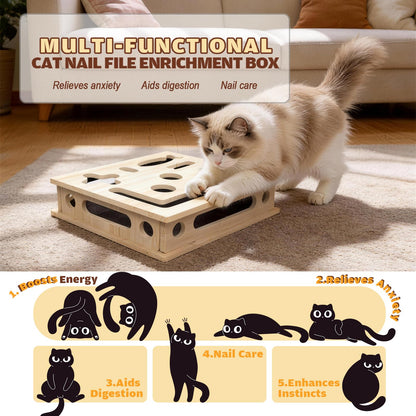 Cat Scratch Puzzle Enrichment Box, Solid Wood Construction Cat Box