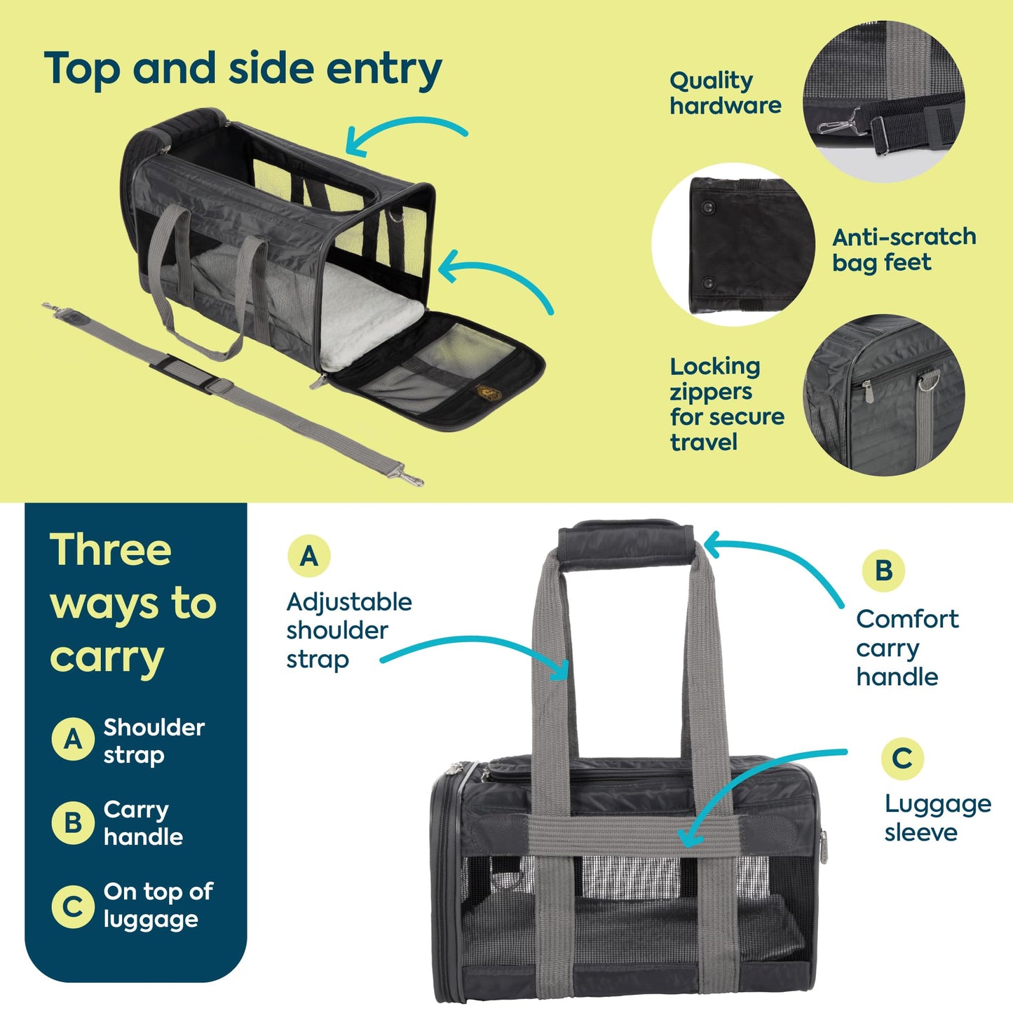 Sherpa Pet Carrier Airline Approved with Spring Wire Frame Cat Carrier