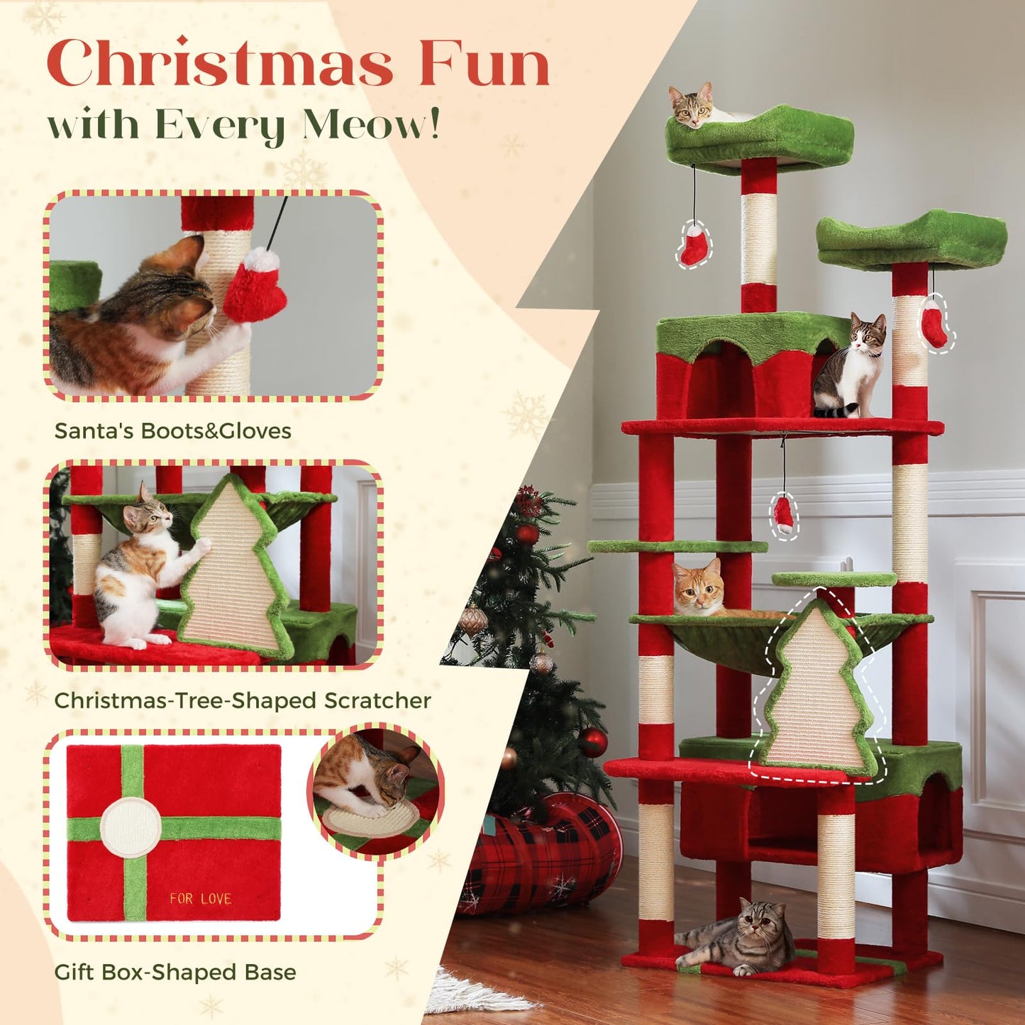 PAWZ Road Christmas Cat Tree, Tall Cat Tower with 2 Perches, 2 House