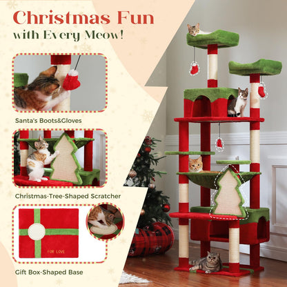 PAWZ Road Christmas Cat Tree, Tall Cat Tower with 2 Perches, 2 House