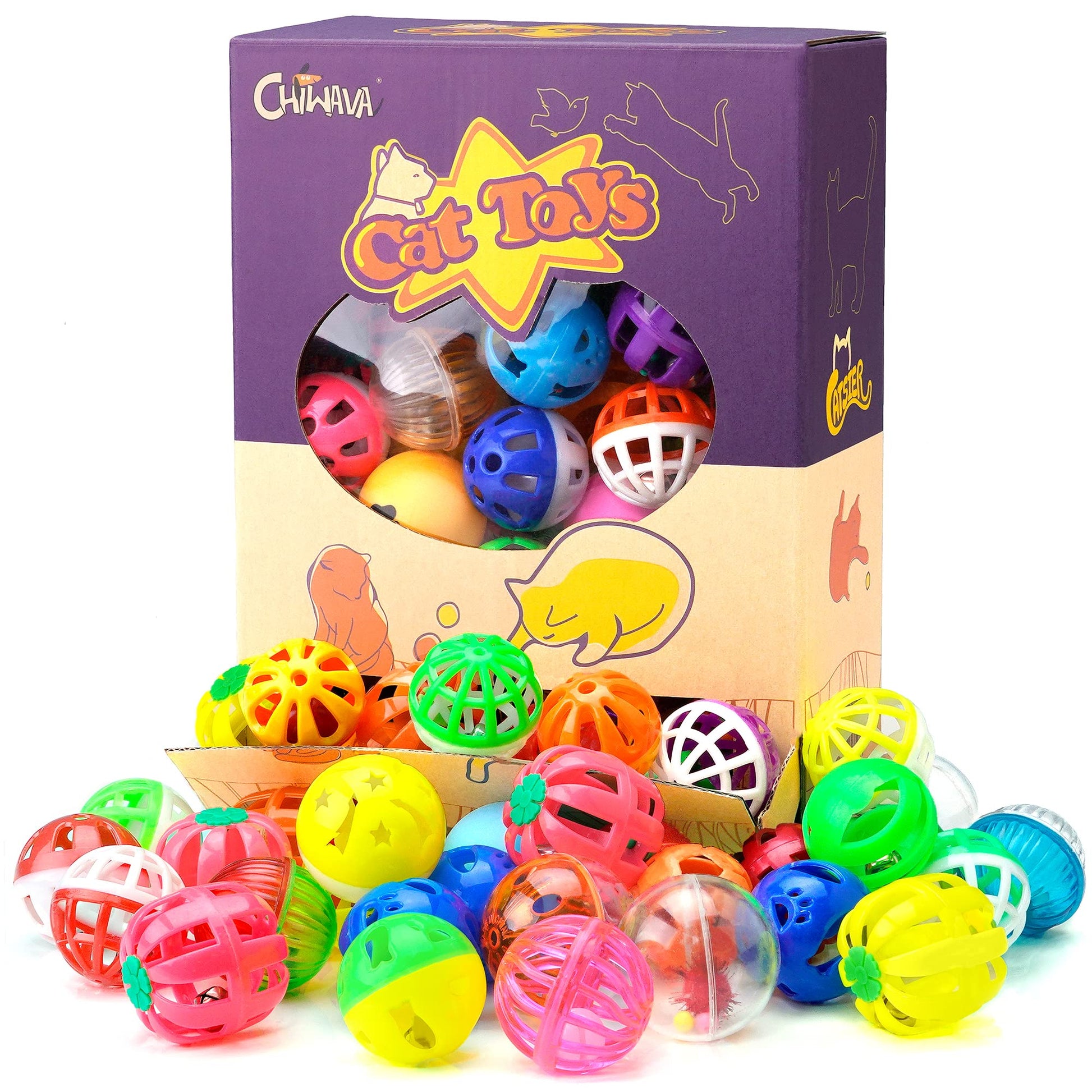 CHIWAVA 48 Pack Plastic Noisy Cat Toy Balls with Bell Kitten Balls