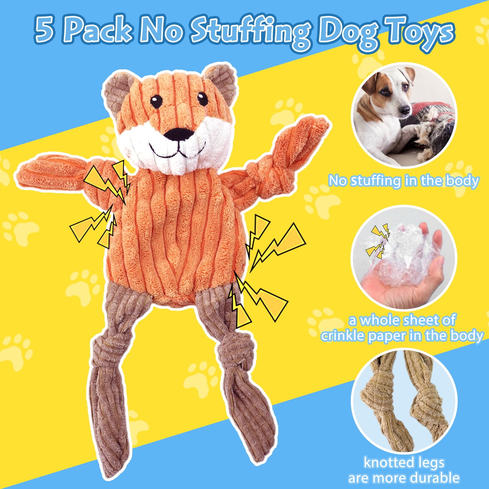 MRSOHRET 5 Pack Squeaky Dog Toys, No Stuffing Plush Dog Chew Toy Plush