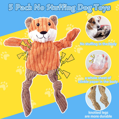 MRSOHRET 5 Pack Squeaky Dog Toys, No Stuffing Plush Dog Chew Toy Plush