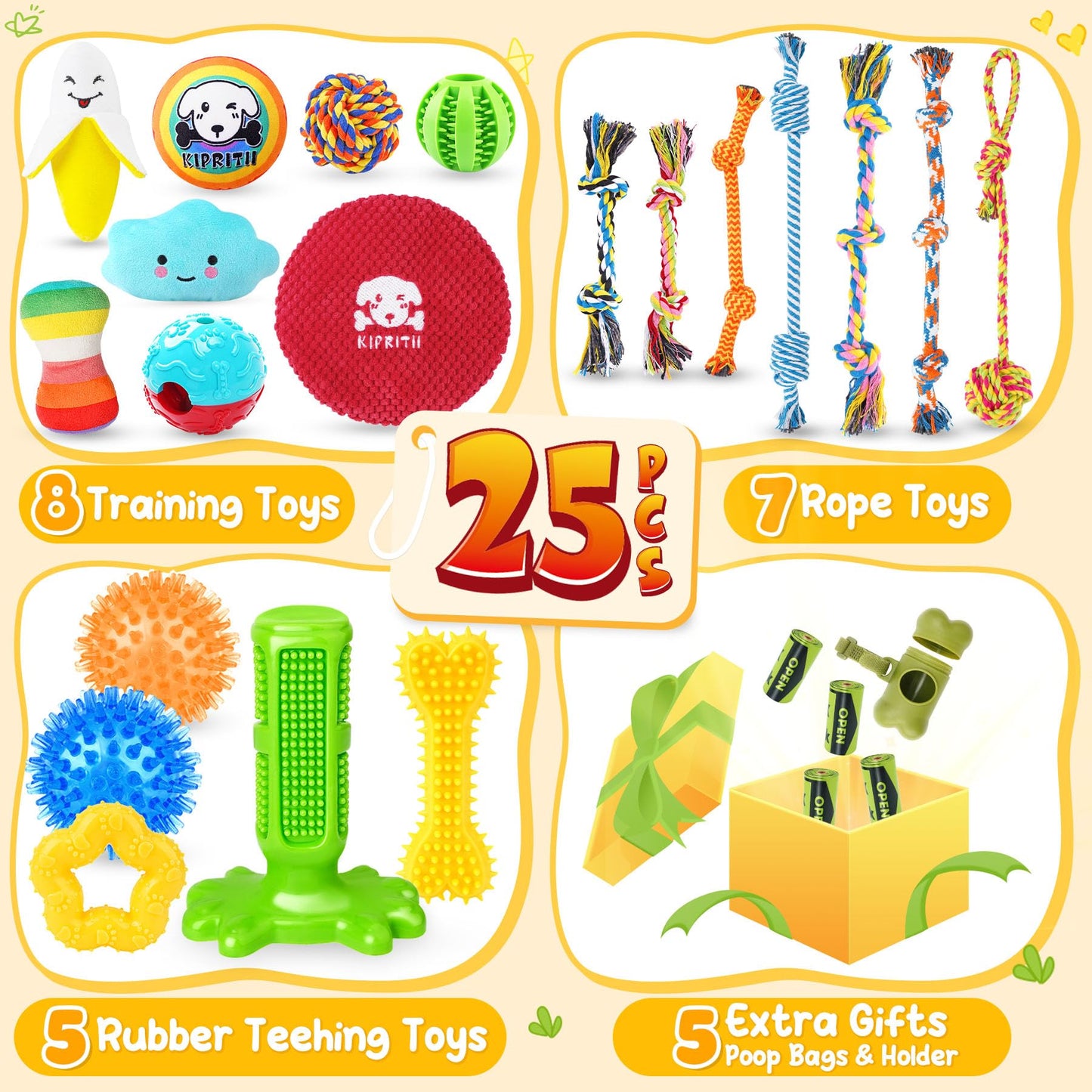 KIPRITII 25 Pack Dog Toys Set Ideal for Teething, Entertainment Rope