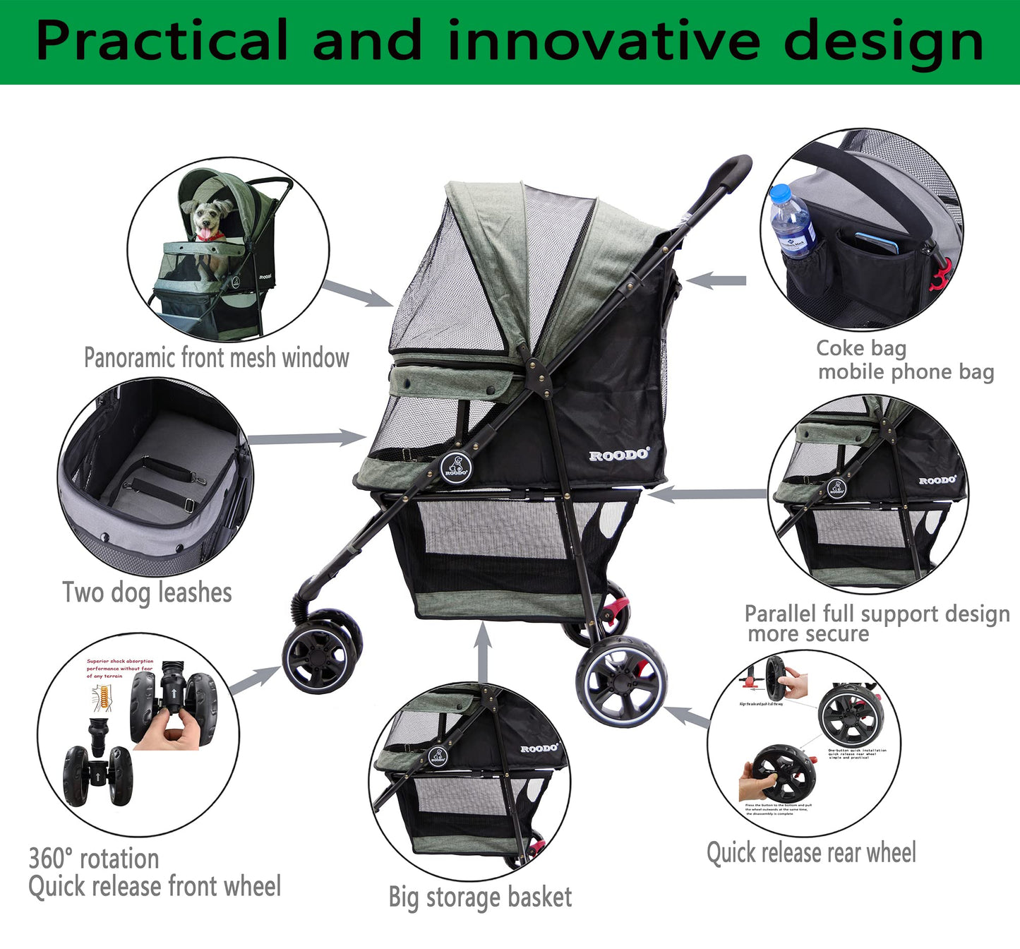 ROODO 3 Wheel Dog Pet Cat Stroller Best Lightweight Foldable Stroller