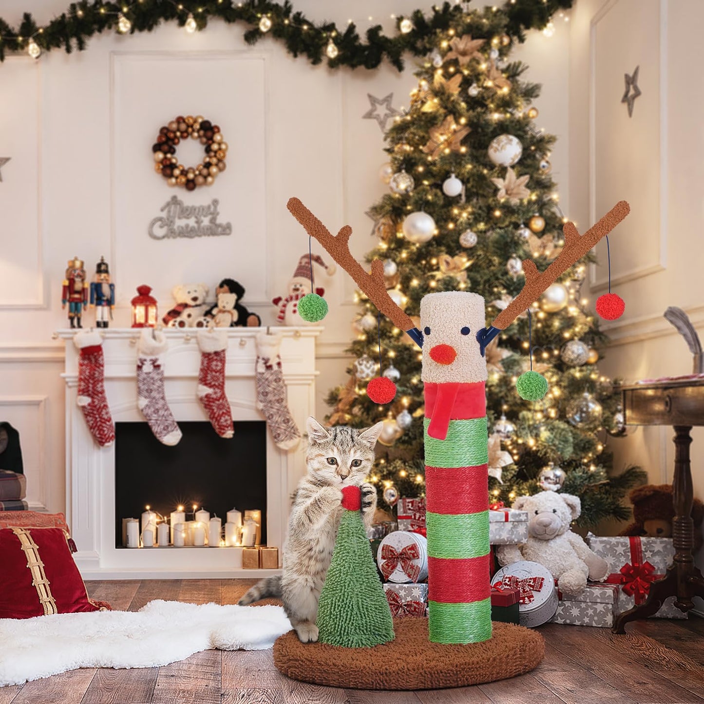 BOLUO Christmas Cat Scratching Post Deer Cat Trees for Adult Teaser